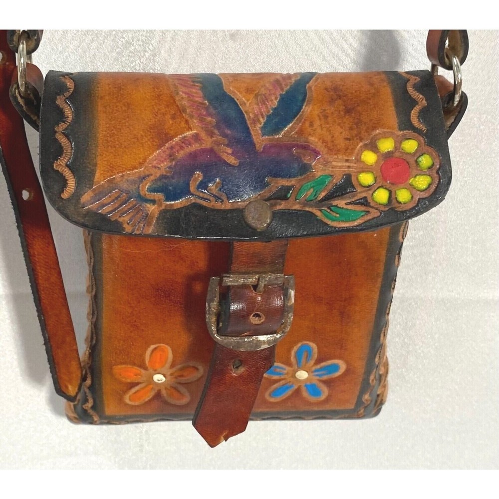 Tooled Leather Boho Hummingbird Flowers Shoulder Crossbody Mini Purse 4.5" Tall